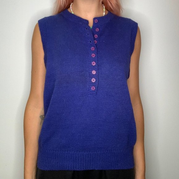 Gearing Up Vintage 90s Blue Knit Button Vest - Picture 2 of 4